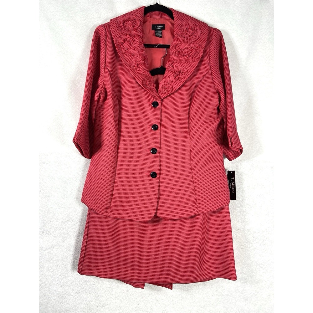 T. Milano 2PC Skirt Suit Women's 14W Pink Black Polka Dots Blazer Buttons New
